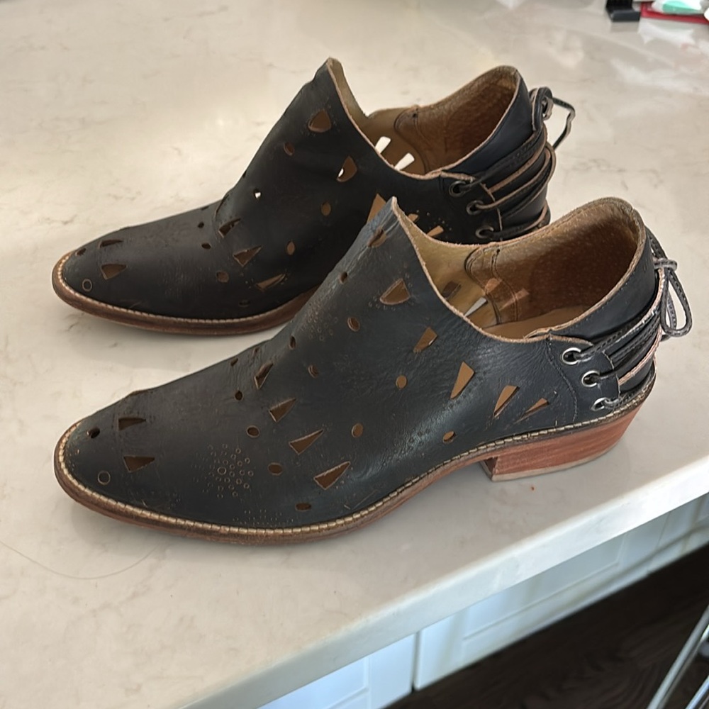 Musse & Cloud Black Perforated Leather Ankle Booties with Lace-Back Detail